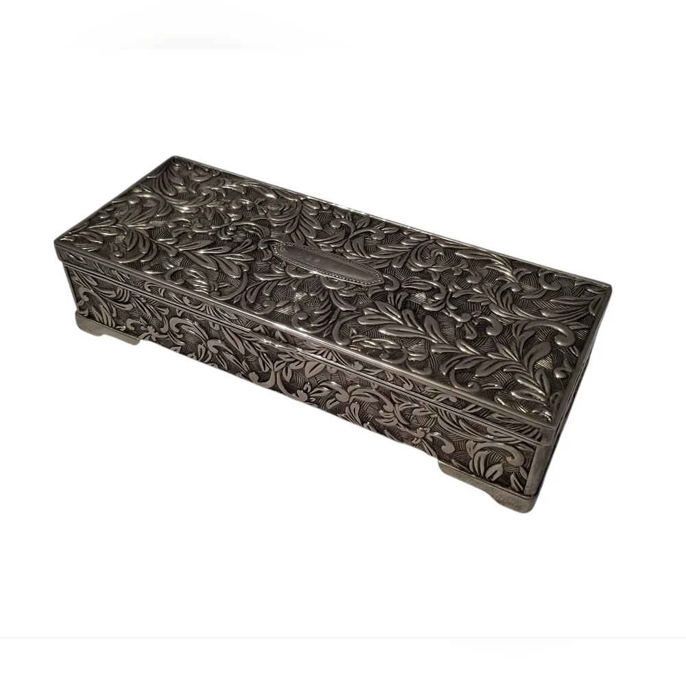 VTG Engraved Godinger Floral Embossed Silver Plated Velvet Lined Jewelry Box